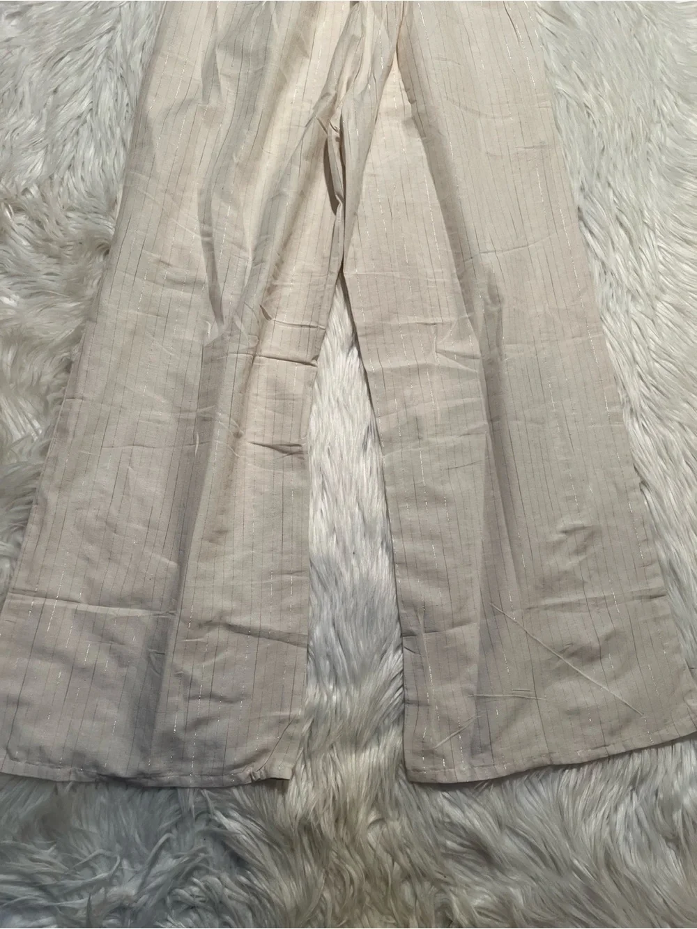 Women's Size 34 Pull On Pant Cream Metallic Silver Pinstripe Linen Semi-Sheer